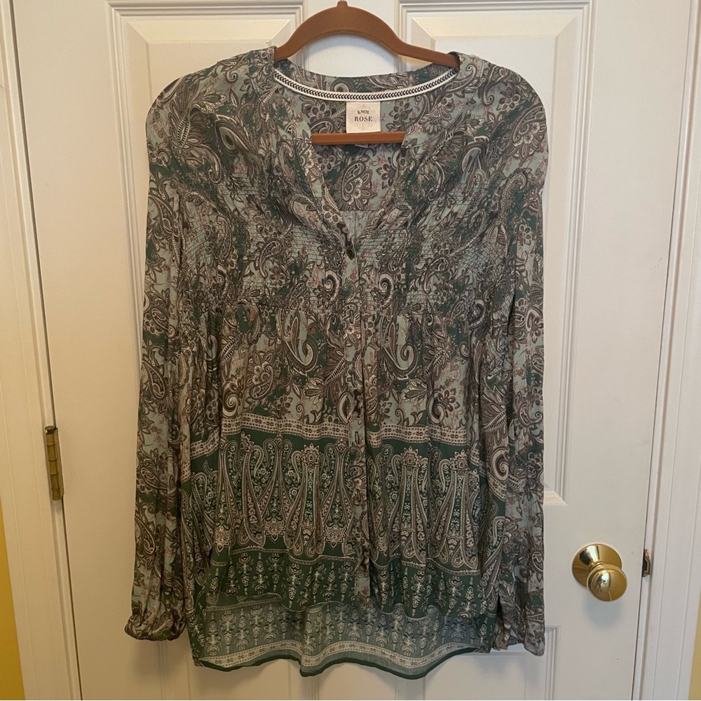 Knox Rose Boho Paisley Long Sleeve Button Up Blouse Size M